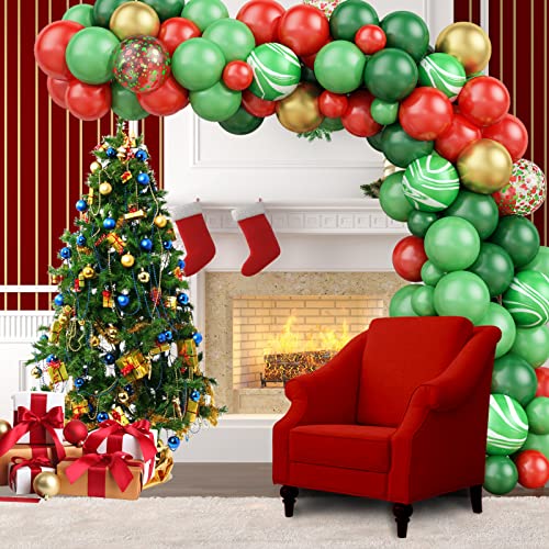 Navidad Kit Guirnalda Globos, Rojo Verde Kit Arco de Globos de Feliz Navidad, 90 Piezas Rojo Verde Dorado Globos de Látex para Fiestas Navideñas, Año Nuevo, Decoraciones para Fiestas de Cumpleaños