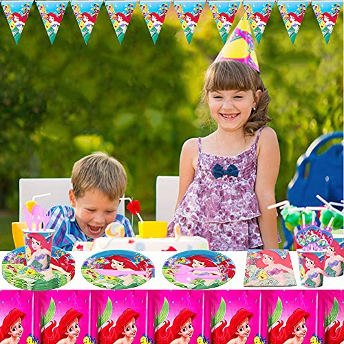 Nesloonp Juego de fiesta de sirena para fiesta de cumpleaños, 48 piezas, juego de vajilla de cumpleaños de sirena para niñas, platos, tazas, servilletas para varios niños, cumpleaños, baby shower