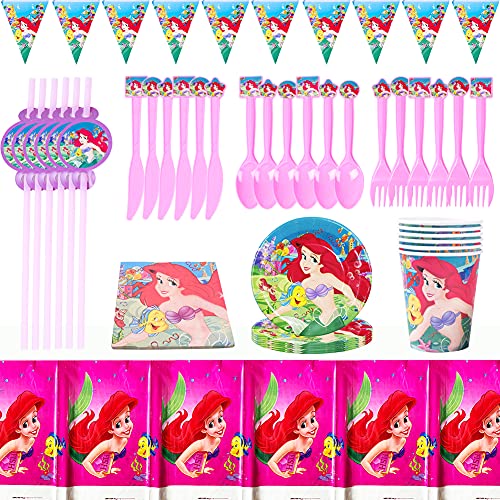 Nesloonp Juego de fiesta de sirena para fiesta de cumpleaños, 48 piezas, juego de vajilla de cumpleaños de sirena para niñas, platos, tazas, servilletas para varios niños, cumpleaños, baby shower