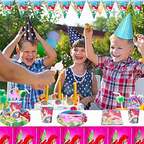 Nesloonp Juego de fiesta de sirena para fiesta de cumpleaños, 48 piezas, juego de vajilla de cumpleaños de sirena para niñas, platos, tazas, servilletas para varios niños, cumpleaños, baby shower