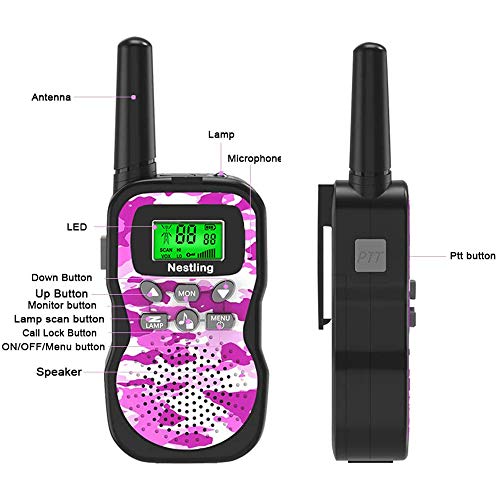 Nestling Walkie Talkie para niños, Camuflaje al Aire Libre, 8 Canales, Radio de 2 vías, Juguetes, Linterna LCD retroiluminada, Rango de 3 Millas para Actividades Infantiles (2pcs Rosa)