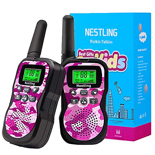 Nestling Walkie Talkie para niños, Camuflaje al Aire Libre, 8 Canales, Radio de 2 vías, Juguetes, Linterna LCD retroiluminada, Rango de 3 Millas para Actividades Infantiles (2pcs Rosa)