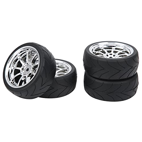 Neumático de goma RC, 4 neumáticos antideslizantes negros y llantas de plástico plateadas OD 65 mm/2,56 pulgadas Accesorios de coche RC Piezas de actualización para modelo de coche de carreras RC 1/10