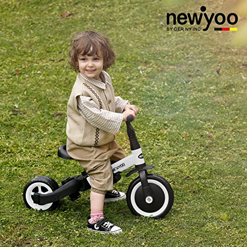 newyoo Triciclo 4 in 1 para Niños de 1 Año a 3 Años, Bicicleta con Pedales Extraíbles y Asiento Ajustable, Bicicletas de Equilibrio con Varilla de Empuje Orientable, Blanco