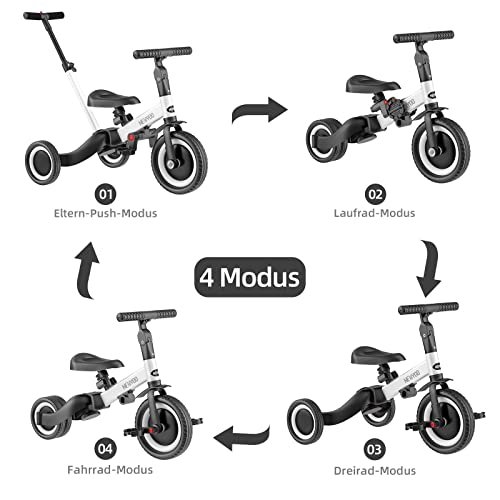 newyoo Triciclo 4 in 1 para Niños de 1 Año a 3 Años, Bicicleta con Pedales Extraíbles y Asiento Ajustable, Bicicletas de Equilibrio con Varilla de Empuje Orientable, Blanco