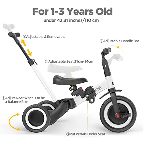 newyoo Triciclo 4 in 1 para Niños de 1 Año a 3 Años, Bicicleta con Pedales Extraíbles y Asiento Ajustable, Bicicletas de Equilibrio con Varilla de Empuje Orientable, Blanco