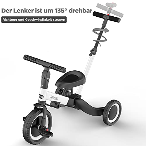 newyoo Triciclo 4 in 1 para Niños de 1 Año a 3 Años, Bicicleta con Pedales Extraíbles y Asiento Ajustable, Bicicletas de Equilibrio con Varilla de Empuje Orientable, Blanco