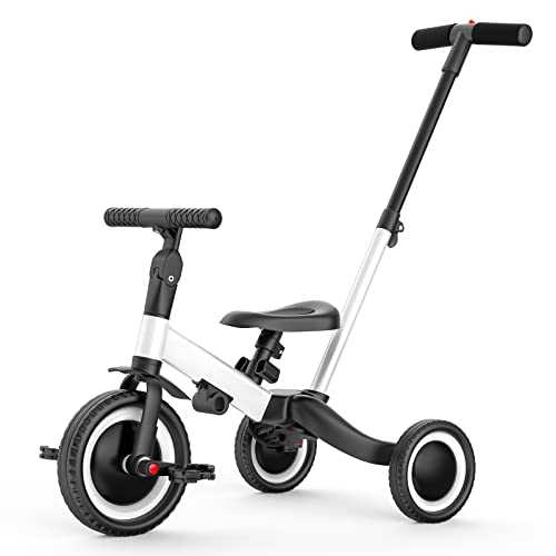 newyoo Triciclo 4 in 1 para Niños de 1 Año a 3 Años, Bicicleta con Pedales Extraíbles y Asiento Ajustable, Bicicletas de Equilibrio con Varilla de Empuje Orientable, Blanco