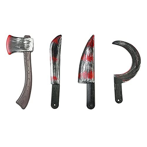 NEYOANN 4 piezas de plástico falsos sangrientos accesorios arma cuchillo hacha hacha hoz juego de rol juguete de terror fiesta de Halloween DIY