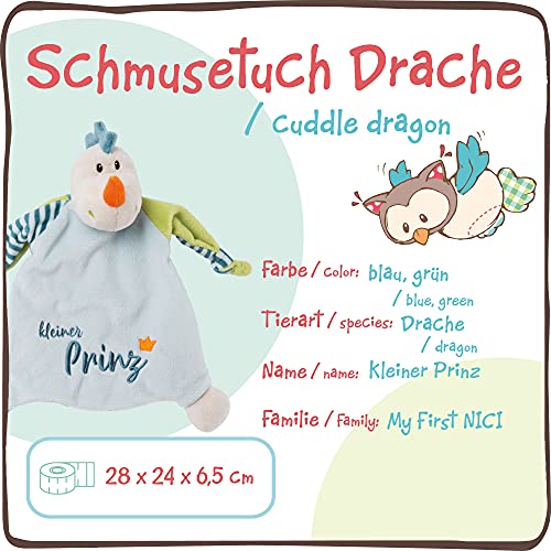 NICI Manta de Seguridad con diseño de dragón Little Prinz, 25 x 25 cm, a Partir de 0 Meses, para bebés y niños pequeños, Peluche para bebé y Chupete, Color Azul/Verde (46734)