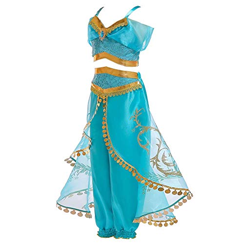 Niña Princesa Vestido Jazmín Disfraz Carnaval Cosplay Halloween Fiesta Lentejuelas Vestido con Diadema Manga Corta/Fuera del Hombro Estilo C 11-12 años