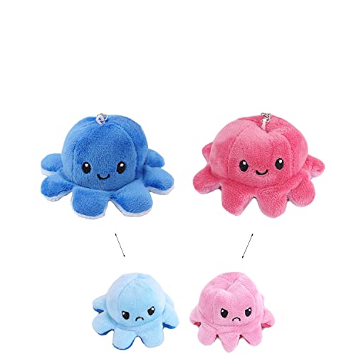 No application Llavero Pulpo, 2 Piezas Llavero de Peluche de Pulpo, Llavero Pulpo Reversible, Llavero Pulpo Reversible Mini, Lavable, Color Rosa y Azul, Feliz y Triste, para Amantes, Niños, Niñas