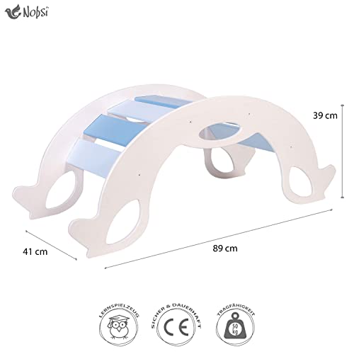 Nobsi Balancín de arco para niños, hecho a mano, de madera, ideal como arco de escalada, caballo balancín azul, blanco, madera natural