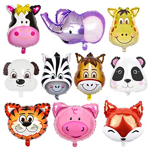 O-Kinee Globos Animales，10 pcs Globos de Cabeza de Animal Globos de Papel de Aluminio，Animales De La Selva Globos，Helio está Permitido，Decoración de la Fiesta de Cumpleaños de los Niños (10PCS)