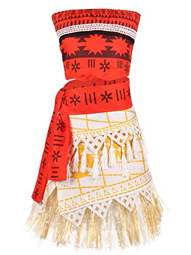 O.AMBW Disfraz de Moana Cosplay Princesa Vaiana Vestido Hawaiana Mar Adventura Conjunto de 2 Piezas Top + Falda Ropa para niños Disfraz con Accesorios Diadema Horquilla Collar de Moana Regalo