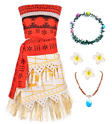 O.AMBW Disfraz de Moana Cosplay Princesa Vaiana Vestido Hawaiana Mar Adventura Conjunto de 2 Piezas Top + Falda Ropa para niños Disfraz con Accesorios Diadema Horquilla Collar de Moana Regalo