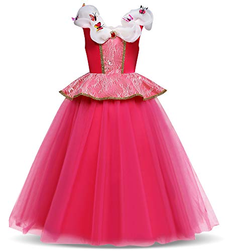 O.AMBW Disfraz de Princesa Aurora para niñas Cosplay Bella Durmiente Regalo Fiesta de cumpleaños Cena Navidad Disfraz Rosa Halloween Carnaval Traje Decoración Mariposa Accesorio Completo