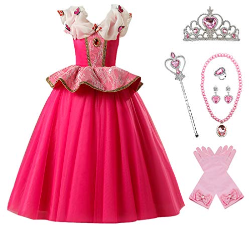 O.AMBW Disfraz de Princesa Aurora para niñas Cosplay Bella Durmiente Regalo Fiesta de cumpleaños Cena Navidad Disfraz Rosa Halloween Carnaval Traje Decoración Mariposa Accesorio Completo