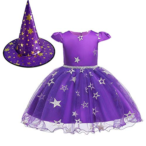 OBEEII Disfraz Bruja de Halloween para Bebé Niñas Estrelle Princesa Vestido con Sombrero Bruja 2Piezas Outfit Morado 5-6 Años