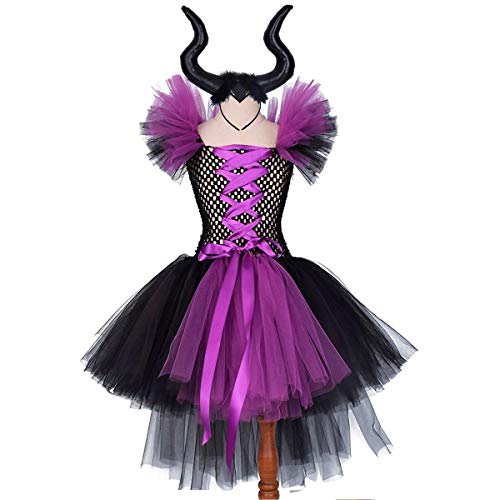 OBEEII - Disfraz maléfico para niña, Halloween, carnaval, tutú, vestido de vaca, diadema + alas Sleeping Beauty Halloween Navidad disfraz para niños Violett02 5-6 Años