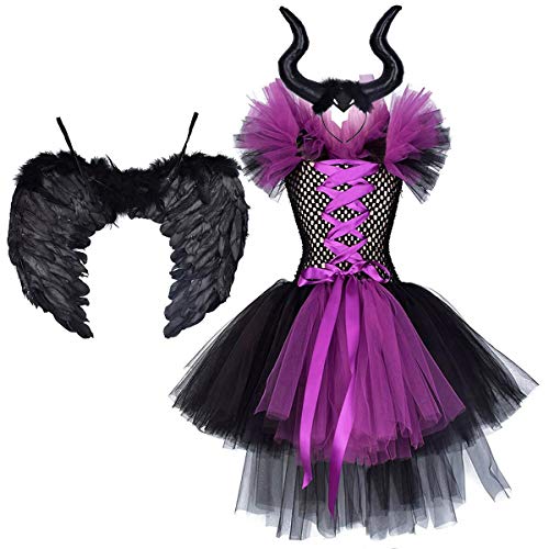 OBEEII - Disfraz maléfico para niña, Halloween, carnaval, tutú, vestido de vaca, diadema + alas Sleeping Beauty Halloween Navidad disfraz para niños Violett02 5-6 Años