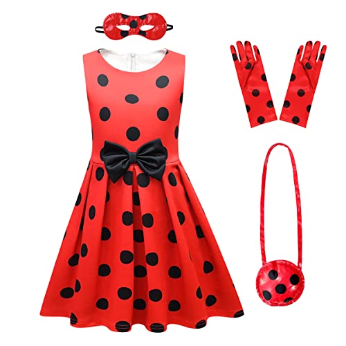 OBEEII Vestido de Ladybug para Niña Disfraz de Mariquita Falda de Lunares Vestido de Princesa para Cosplay Falda de Tul, Sin Mangas Ropa de Fiesta de Cumpleaños Carnaval Navidad Pascua 2-3 Años