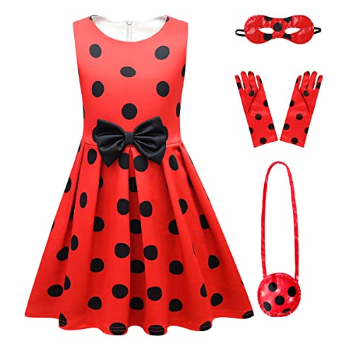 OBEEII Vestido de Ladybug para Niña Disfraz de Mariquita Falda de Lunares Vestido de Princesa para Cosplay Falda de Tul, Sin Mangas Ropa de Fiesta de Cumpleaños Carnaval Navidad Pascua 2-3 Años