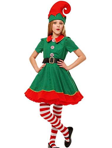 Odziezet Adulto Niño Niña Disfraz Conjunto Duende Verde Traje Falda Navidad Cosplay Halloween 5PC