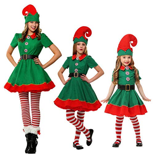 Odziezet Adulto Niño Niña Disfraz Conjunto Duende Verde Traje Falda Navidad Cosplay Halloween 5PC