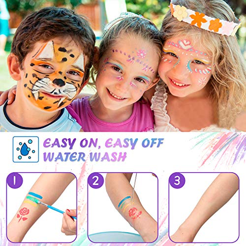 Omew Pintura Cara para Niños Adultos Pinturas al Agua ,Pintura Facial para Disfraces, Maquillaje Color Kit de Pintura Facial Corporal, Halloween, Fiestas, Face Paint Paleta de 15 Colores, 2 Pinceles