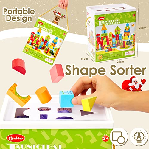 Onshine 100 Piezas Bloques Construccion Madera Ninos con Puzzle Juguetes Clasificador de Formas Apilables Bloques de Madera para Niños Niñas Bebé