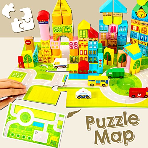 Onshine 100 Piezas Bloques Construccion Madera Ninos con Puzzle Juguetes Clasificador de Formas Apilables Bloques de Madera para Niños Niñas Bebé