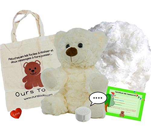 Oso de peluche blanco de 20 cm para acolchar, con módulo de sonido para escribir. Oso de peluche para hacer uno mismo. Grabar un mensaje personalizado. Kit sin costuras. Extremadamente suave.