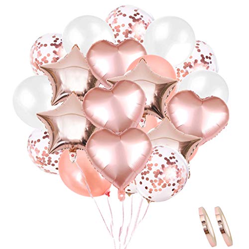 Ouceanwin Globos Rosa Oro, 60 Piezas Globos de Confeti, Globos de Helio Oro Rosa, Globo de Lámina de Corazón y Estrella para Bodas, Cumpleaños, Baby Shower, Decoración de Fiesta de Navidad