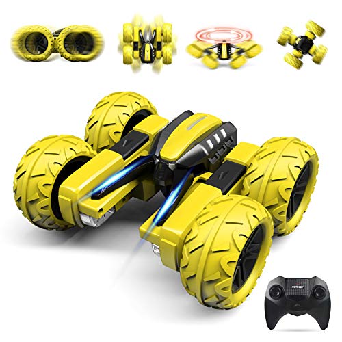 OUTTUO Stunt Coche Teledirigido Anfibio 2.4GHz Stunt RC Juguetes Control Remoto de Rotación Volteo de 360° Coche para con Luces LED Regalo con Destornillador Coche Teledirigido Recargable-Giallo