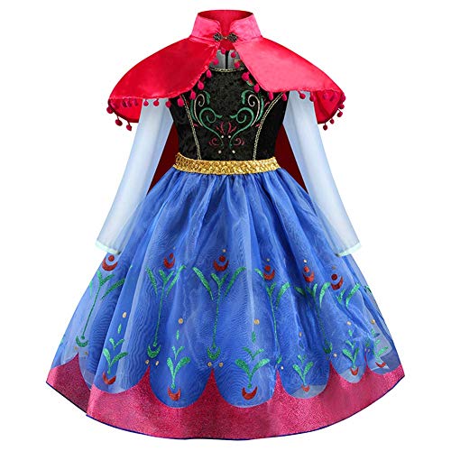 OwlFay Disfraz Ana Niña Vestido de Princesa Anna con Capa Traje de Carnaval Fiesta Cosplay Halloween Fancy Dress Up Costume 5-6Años