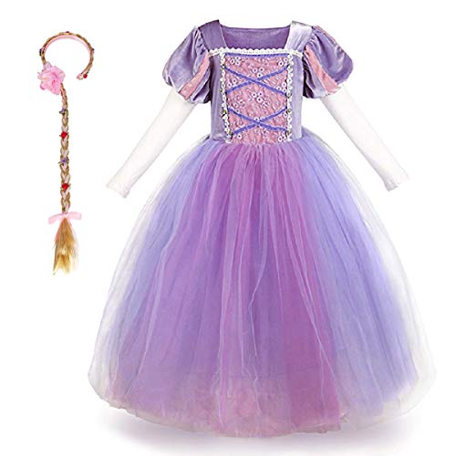 OwlFay Disfraz de Rapunzel Niña Costume Princesa Sofia con Diadema Trajes de Carnaval para Niñas Disfraces de Halloween Navidad Cumpleaños Cosplay Fiesta Morado + Peluca 4-5 Años