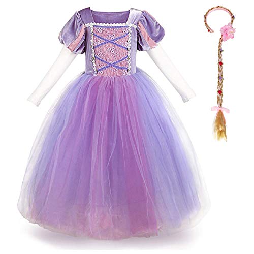 OwlFay Disfraz de Rapunzel Niña Costume Princesa Sofia con Diadema Trajes de Carnaval para Niñas Disfraces de Halloween Navidad Cumpleaños Cosplay Fiesta Morado + Peluca 4-5 Años