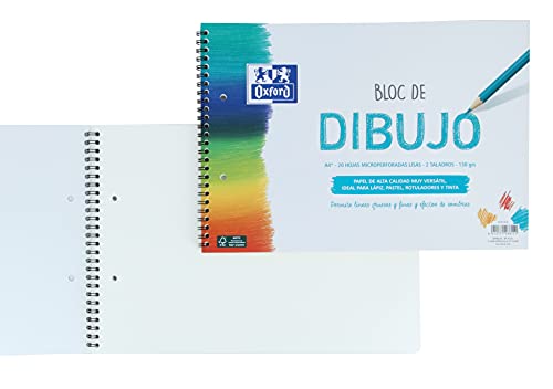 Oxford Bloc Dibujo Escolar A4+ Tapa Blanda/Contratapa rígida 20 Hojas 130gr Liso con 2 Taladros, con Espiral