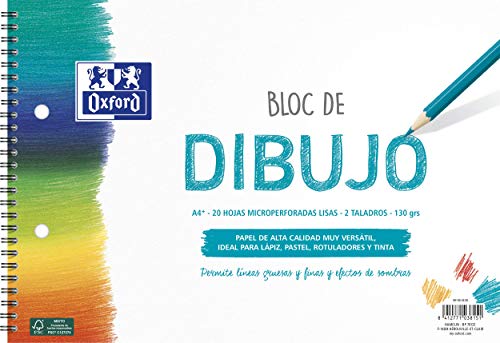 Oxford Bloc Dibujo Escolar A4+ Tapa Blanda/Contratapa rígida 20 Hojas 130gr Liso con 2 Taladros, con Espiral