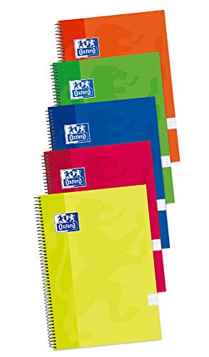 Oxford - Pack de 5 cuadernos (tapa extradura, 80 hojas, cuadrícula 4x4 con margen) Lima/Rojo/Naranja/Verde/Azul Marino