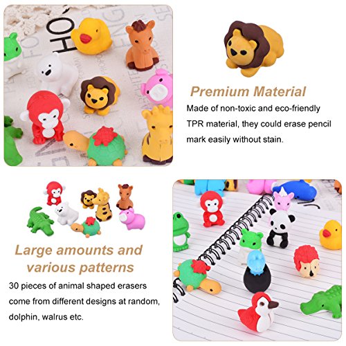 OZUAR 30 Pcs Gomas de Borrar Divertidas Diseño de Animales de Formas,Mini Animal-Shaped Colorful Erasers Puzzle Juguetes Para Fiestas Juegos Premios Carnavales Regalos.