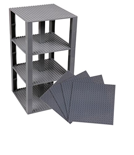 Pack de 4 Bases con Ladrillos separadores 2 x 2 - Construcción en Forma de Torre - Compatible con Todas Las Marcas - 15,24 x 15,24 cm - Gris