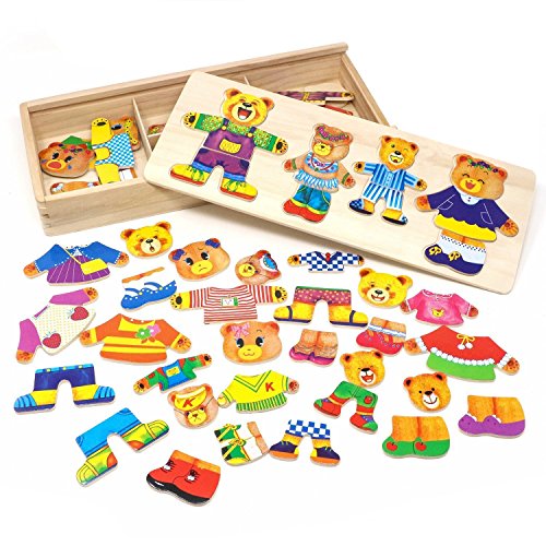 PAMRAY Rompecabezas de Vestir Juguetes Puzzles Osos Conejos Cambiar la Ropa DIY para Madera Juego para Niñas Niños Bebés de Dress up Toy de 3 Años y Más 72 Piezas Osos