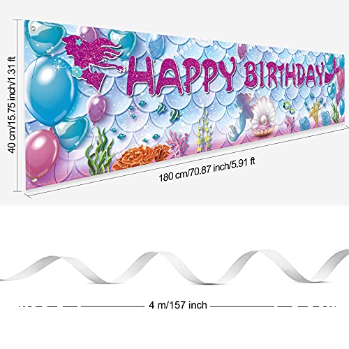 Pancarta de Cumpleaños de Sirena, Cartel Colgante Grande de Tela bajo el Mar Banner del Tema de Sirenita Fondo Cabina de Fotos para Decoraciones Verano Fiesta Cumpleaños, 71 x 16 Pulgadas