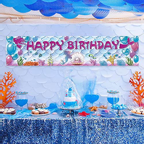 Pancarta de Cumpleaños de Sirena, Cartel Colgante Grande de Tela bajo el Mar Banner del Tema de Sirenita Fondo Cabina de Fotos para Decoraciones Verano Fiesta Cumpleaños, 71 x 16 Pulgadas