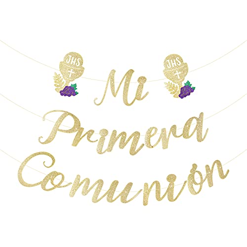 Pancarta Mi Primera Comunión Guirnalda Papel Dorada Banderín Colgar Adorno Decoración para Fiesta de Comunión First Communion