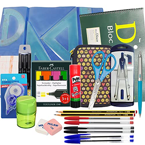 Papelivi - Lote Pack Set Material Escolar ESO, Instituto, Bachiller para DIBUJO, compás bigotera, calibrados, juego reglas, Plumier Doble y más. Vuelta al Cole PRIMERAS MARCAS + REGALOS