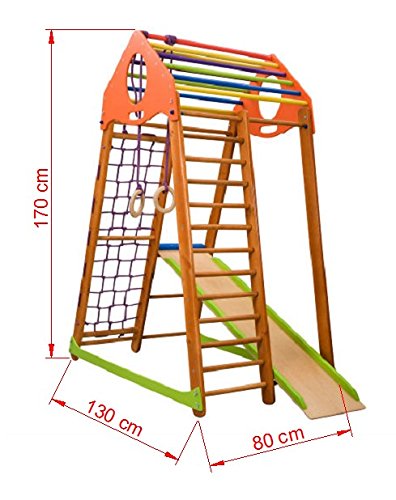 Parque infantil de madera con tobogán "Bambinowood" con red de escalada con anillos, muro de escalada