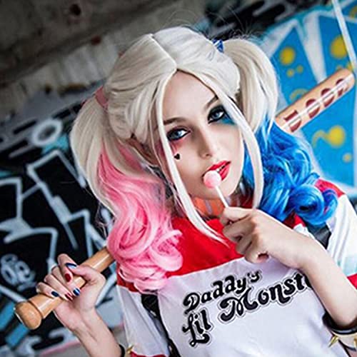 Partilandia Peluca para mujer Harley Quinn Colores Azul y Rojo para Halloween o Carnaval